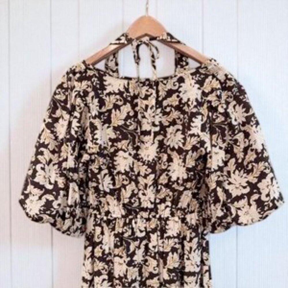NWT Moon River Black Floral Print Puff Sleeve with Halter Midi Dress - Picture 9 of 11